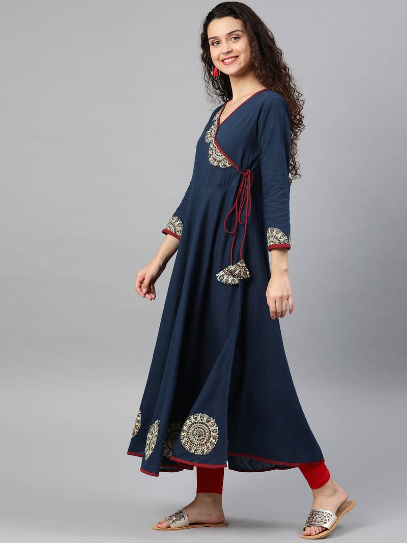 Women'S Cotton Slub Patch Work Angrakha Kurta (Blue)