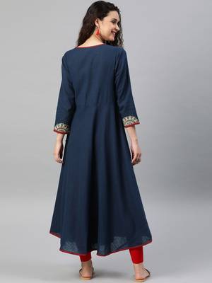 Women'S Cotton Slub Patch Work Angrakha Kurta (Blue) 4