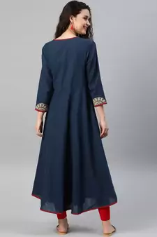 Women'S Cotton Slub Patch Work Angrakha Kurta (Blue)