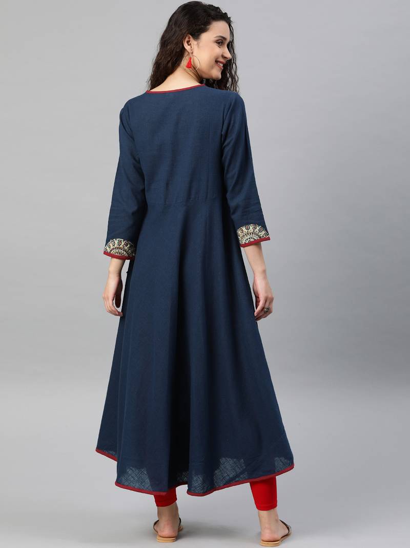 Women'S Cotton Slub Patch Work Angrakha Kurta (Blue)