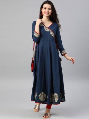 Women'S Cotton Slub Patch Work Angrakha Kurta (Blue) 5