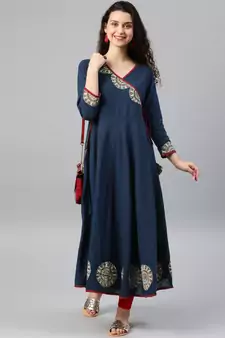Women'S Cotton Slub Patch Work Angrakha Kurta (Blue)