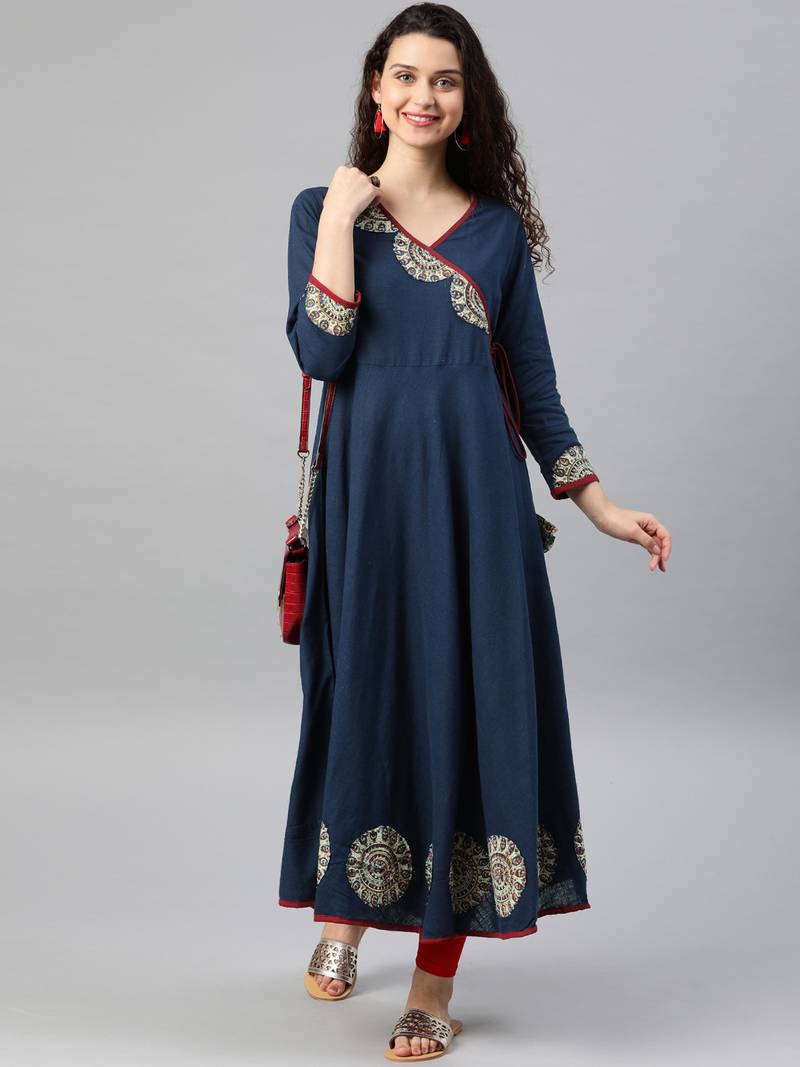 Women'S Cotton Slub Patch Work Angrakha Kurta (Blue)