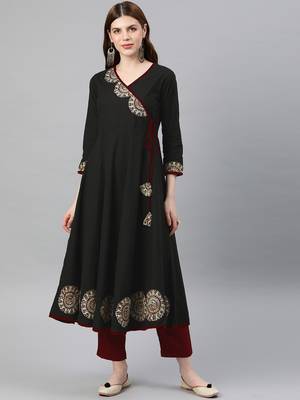 Women'S Cotton Slub Patch Work Angrakha Kurta (Black) 1