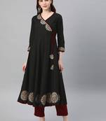 Women'S Cotton Slub Patch Work Angrakha Kurta (Black)