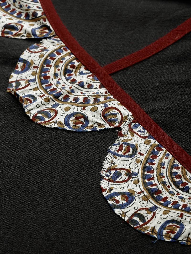 Women'S Cotton Slub Patch Work Angrakha Kurta (Black)