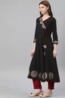 Women'S Cotton Slub Patch Work Angrakha Kurta (Black)