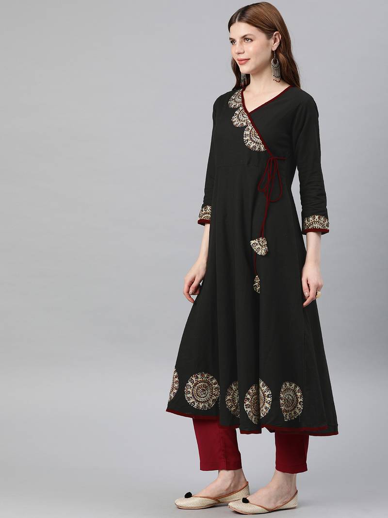 Women'S Cotton Slub Patch Work Angrakha Kurta (Black)