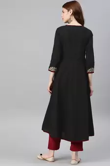 Women'S Cotton Slub Patch Work Angrakha Kurta (Black)