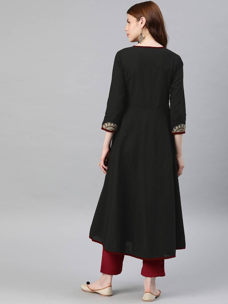 Women'S Cotton Slub Patch Work Angrakha Kurta (Black)