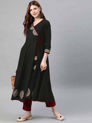 Women'S Cotton Slub Patch Work Angrakha Kurta (Black) 5