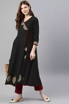 Women'S Cotton Slub Patch Work Angrakha Kurta (Black)