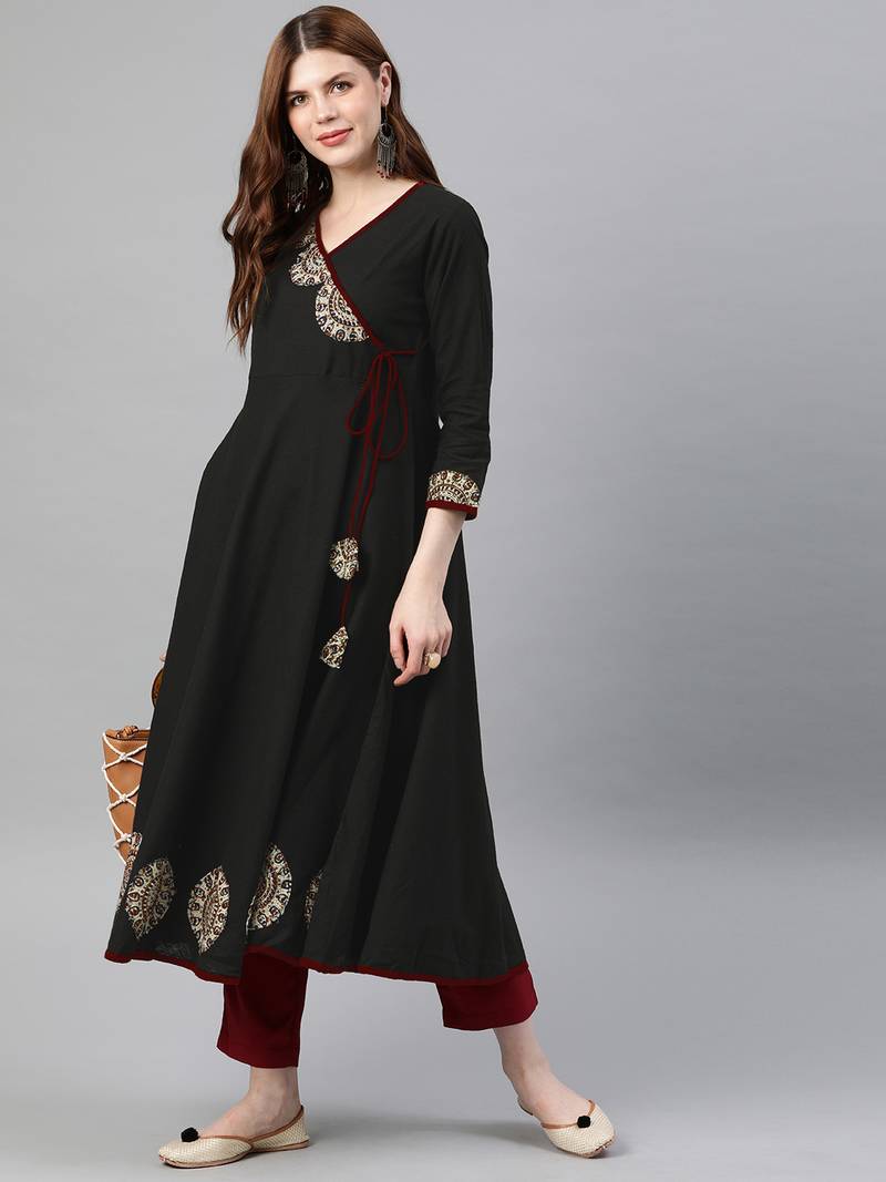 Women'S Cotton Slub Patch Work Angrakha Kurta (Black)