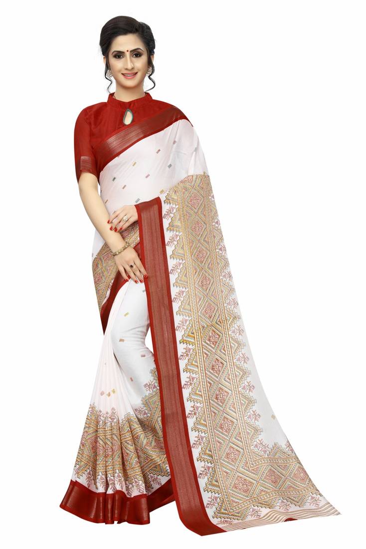 Women's Cotton Blend White Printed Designer Saree With Blouse Piece