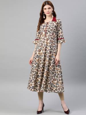 Women'S Cotton Floral Print Anarkali Kurta (Maroon) 1
