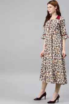 Women'S Cotton Floral Print Anarkali Kurta (Maroon)
