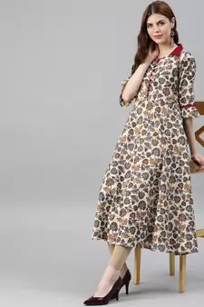 Women'S Cotton Floral Print Anarkali Kurta (Maroon)