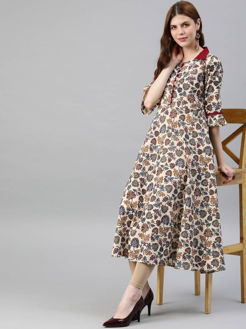 Women'S Cotton Floral Print Anarkali Kurta (Maroon)