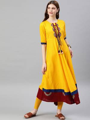 Women'S Rayon Slub Patch Work Anarkali Kurta (Mustard) 1