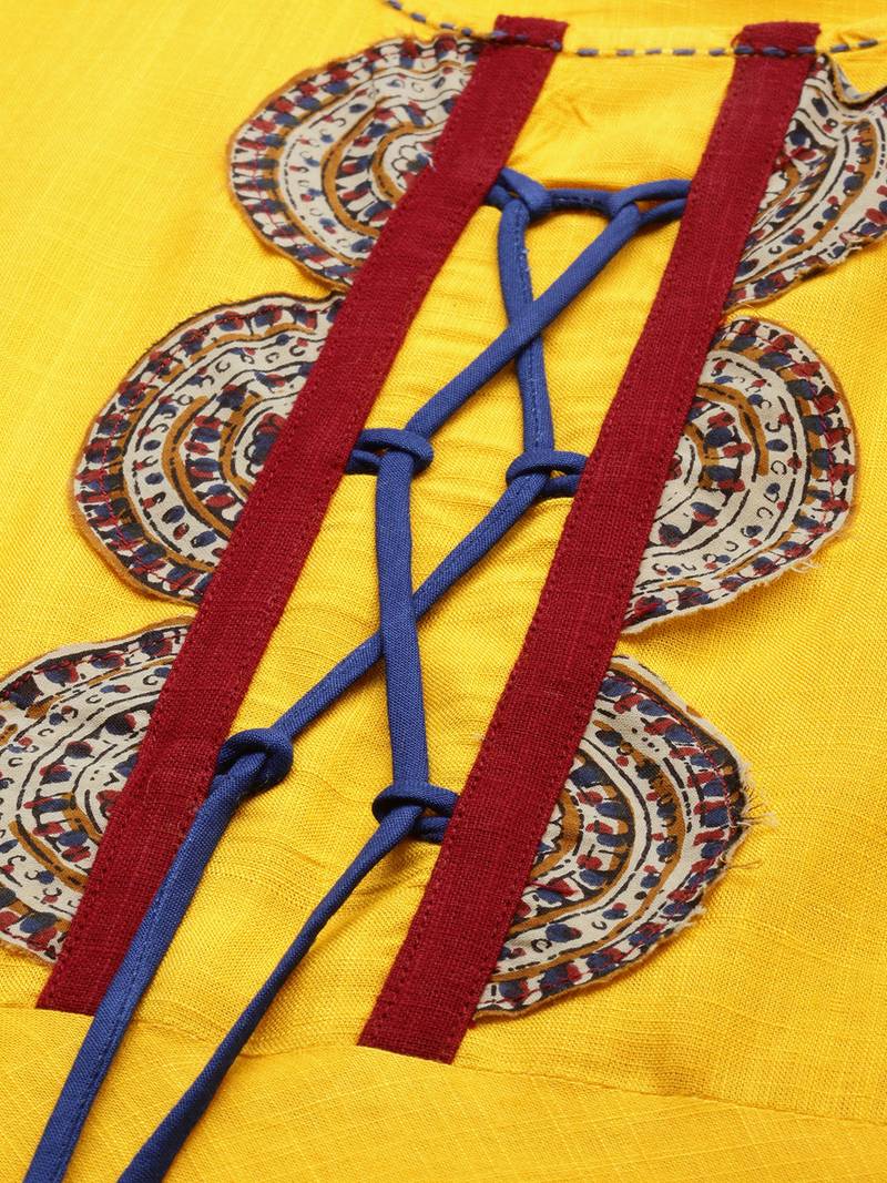 Women'S Rayon Slub Patch Work Anarkali Kurta (Mustard)