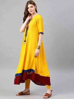 Women'S Rayon Slub Patch Work Anarkali Kurta (Mustard) 3