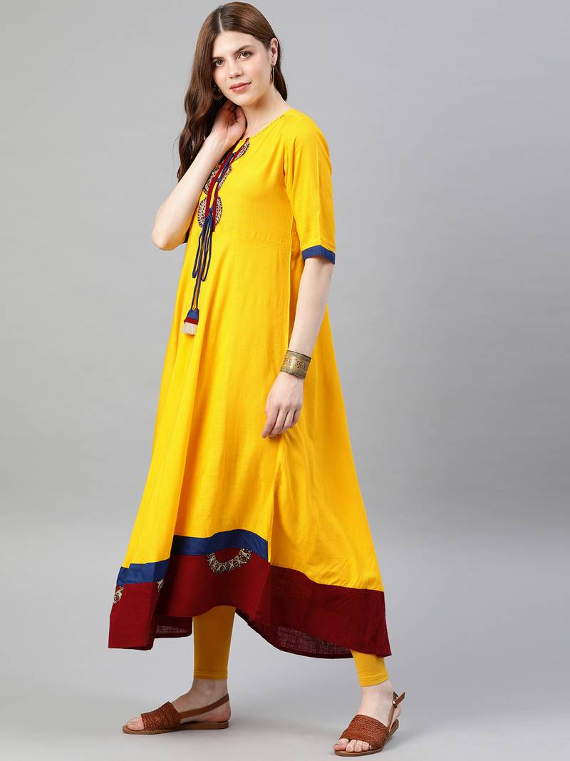 Women'S Rayon Slub Patch Work Anarkali Kurta (Mustard)