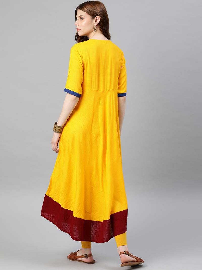 Women'S Rayon Slub Patch Work Anarkali Kurta (Mustard)