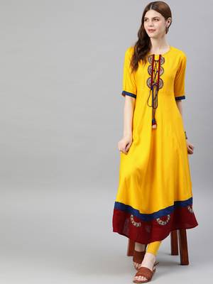 Women'S Rayon Slub Patch Work Anarkali Kurta (Mustard) 5