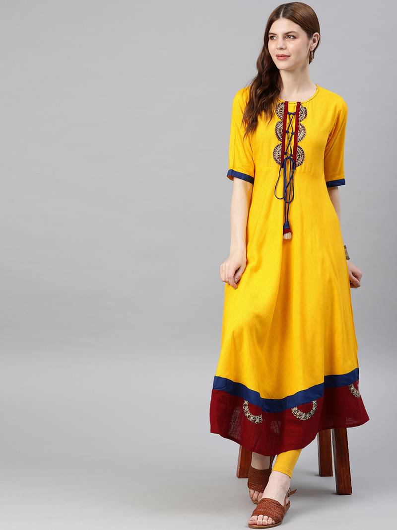 Women'S Rayon Slub Patch Work Anarkali Kurta (Mustard)