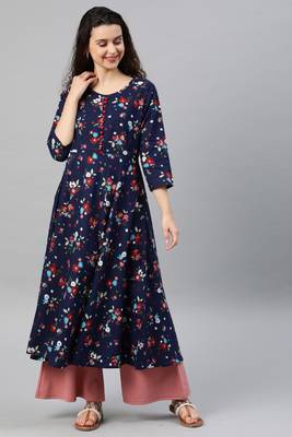 Women'S Cotton Floral Print Anarkali Kurta (Blue) 1