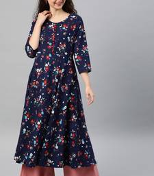 Women'S Cotton Floral Print Anarkali Kurta (Blue)