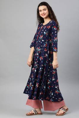 Women'S Cotton Floral Print Anarkali Kurta (Blue) 2