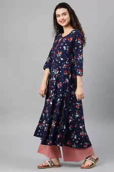 Women'S Cotton Floral Print Anarkali Kurta (Blue)
