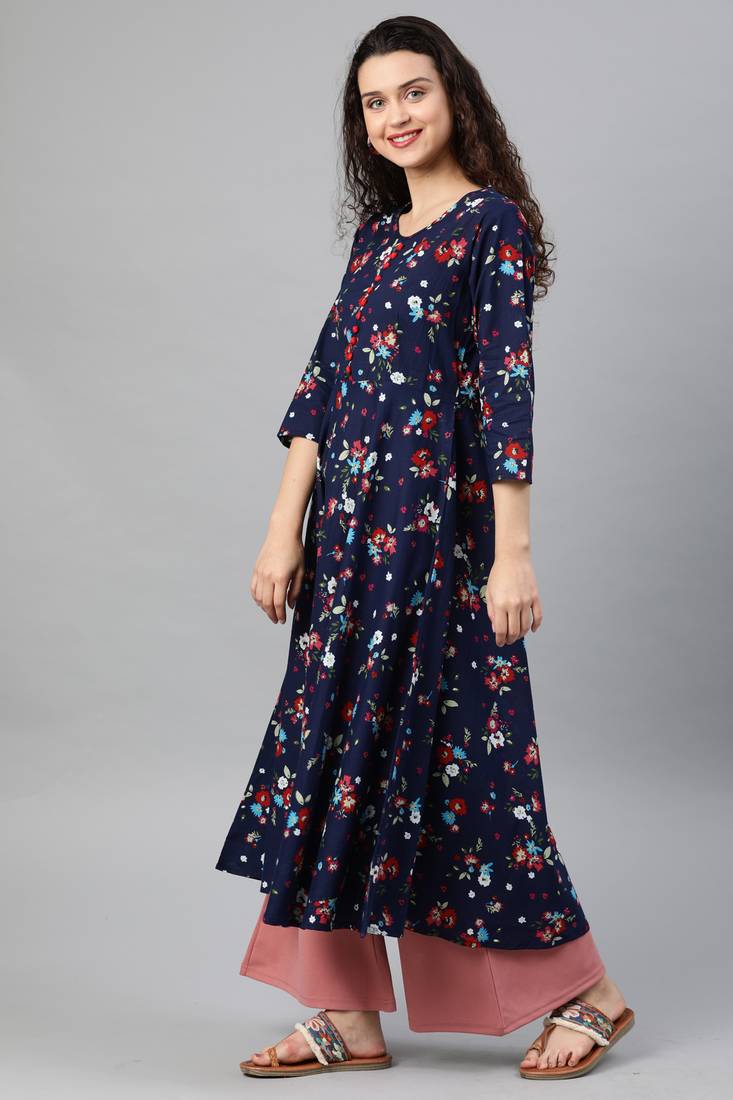 Women'S Cotton Floral Print Anarkali Kurta (Blue)