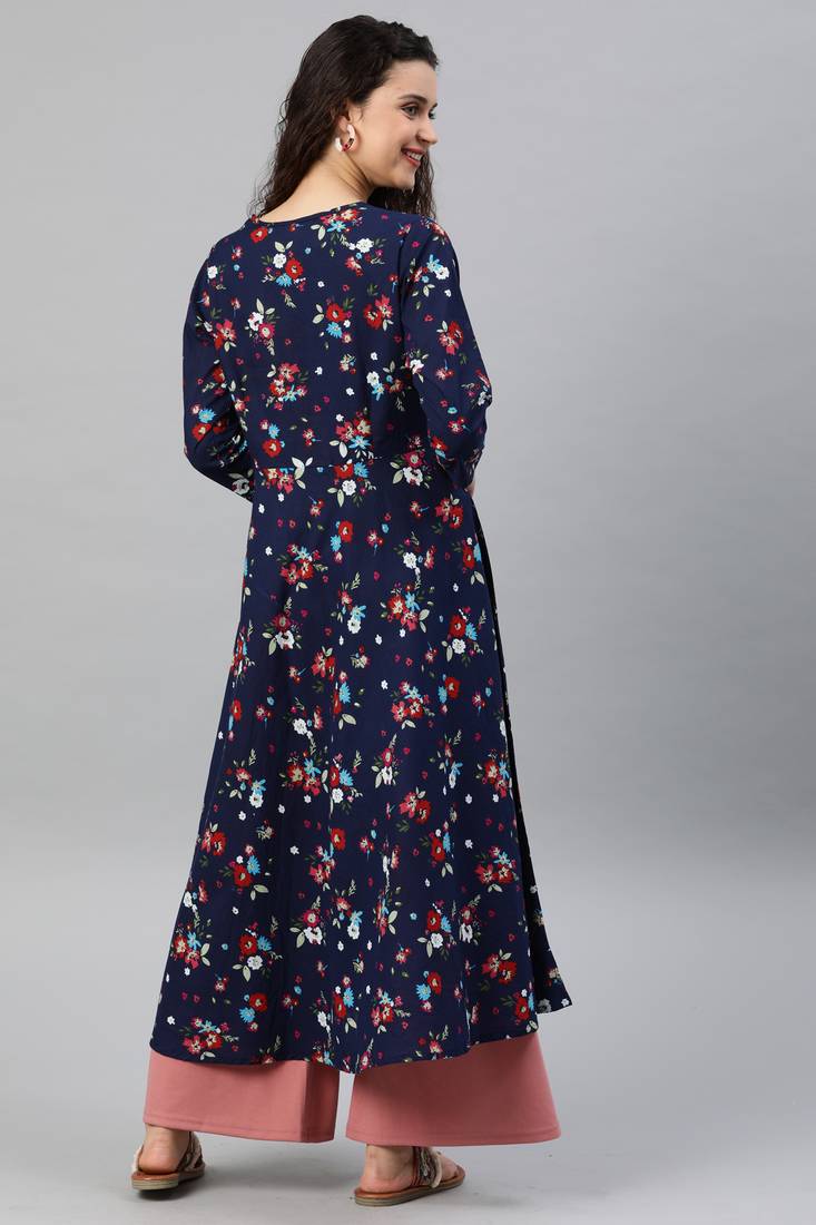 Women'S Cotton Floral Print Anarkali Kurta (Blue)