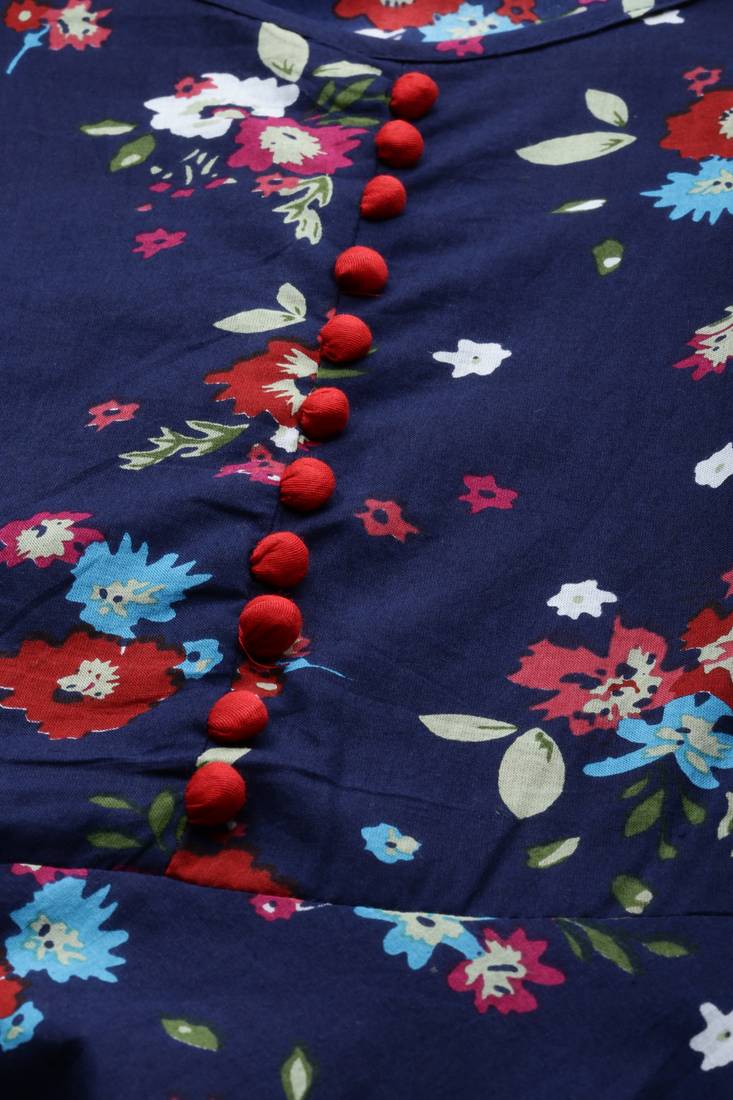 Women'S Cotton Floral Print Anarkali Kurta (Blue)
