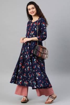 Women'S Cotton Floral Print Anarkali Kurta (Blue) 5