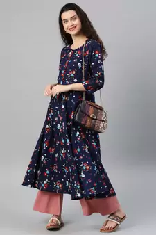 Women'S Cotton Floral Print Anarkali Kurta (Blue)