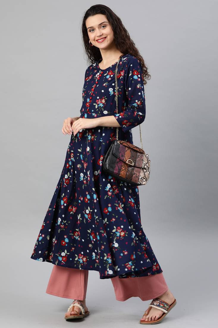 Women'S Cotton Floral Print Anarkali Kurta (Blue)