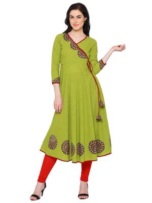Women'S Cotton Slub Patch Work Angrakha Kurta (Green) 1