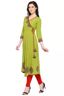 Women'S Cotton Slub Patch Work Angrakha Kurta (Green)
