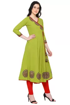 Women'S Cotton Slub Patch Work Angrakha Kurta (Green)