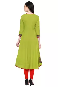 Women'S Cotton Slub Patch Work Angrakha Kurta (Green)