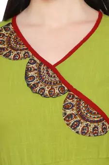 Women'S Cotton Slub Patch Work Angrakha Kurta (Green)