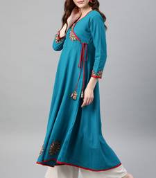 Women'S Cotton Slub Patch Work Angrakha Kurta (Teal)