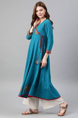Women'S Cotton Slub Patch Work Angrakha Kurta (Teal) 2