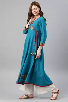 Women'S Cotton Slub Patch Work Angrakha Kurta (Teal)