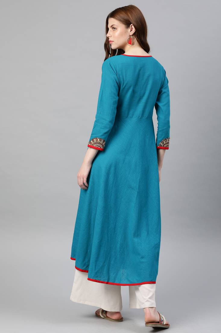 Women'S Cotton Slub Patch Work Angrakha Kurta (Teal)