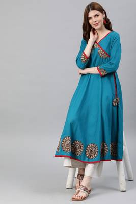 Women'S Cotton Slub Patch Work Angrakha Kurta (Teal) 4