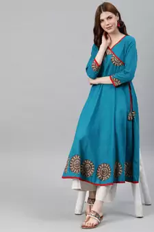 Women'S Cotton Slub Patch Work Angrakha Kurta (Teal)